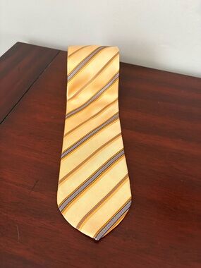 Dolcepunta Men’s Luxury Tie Yellow Blue Orange Stripe Handmade Italy 100% Silk
